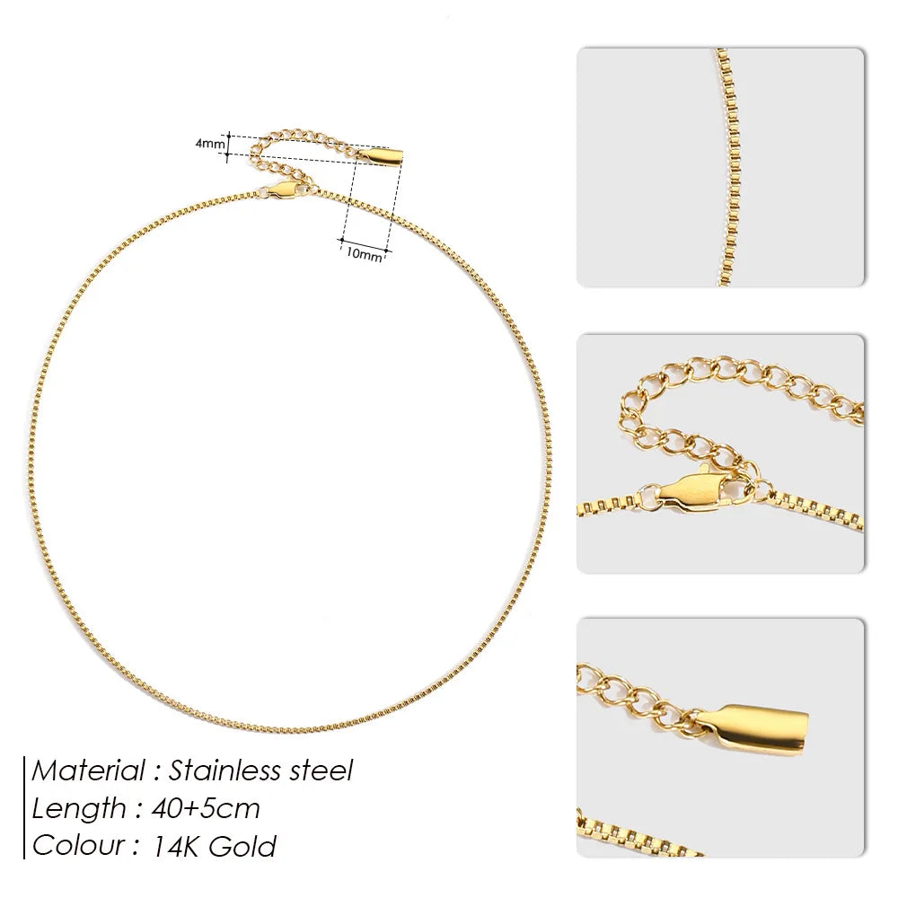 Elegant 14K Gold Plated Stainless Steel Box Chain Necklace for Women 1.5mm Thin Venetian Link Choker Jewelry Gift Non-Tarnish