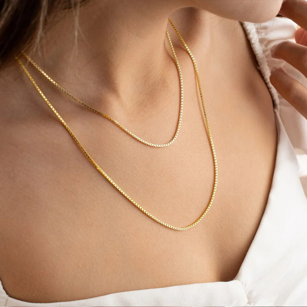 Elegant 14K Gold Plated Stainless Steel Box Chain Necklace for Women 1.5mm Thin Venetian Link Choker Jewelry Gift Non-Tarnish