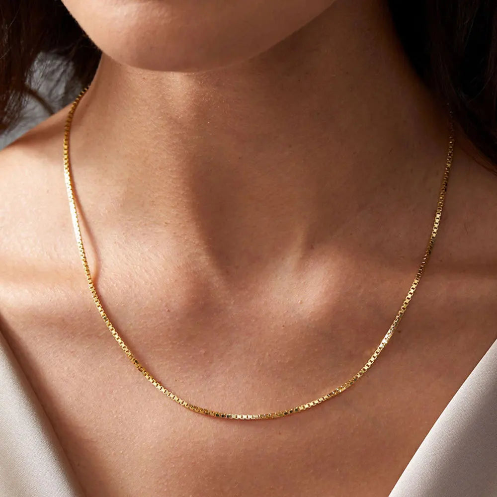 Elegant 14K Gold Plated Stainless Steel Box Chain Necklace for Women 1.5mm Thin Venetian Link Choker Jewelry Gift Non-Tarnish
