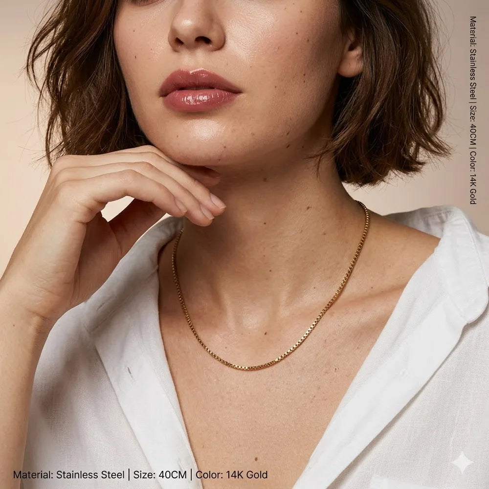 Elegant 14K Gold Plated Stainless Steel Box Chain Necklace for Women 1.5mm Thin Venetian Link Choker Jewelry Gift Non-Tarnish